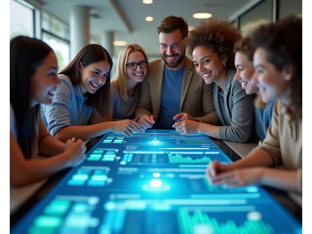 Diverse group of people smiling, looking at a digital tablet with financial graphs, symbolizing accessibility and inclusion.