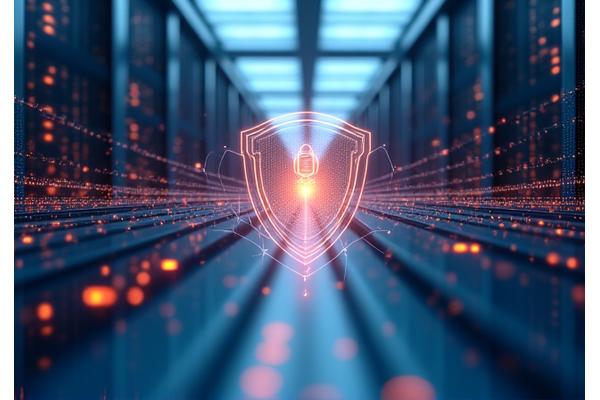 Visual representation of digital data security, with a shield icon and encrypted lines flowing through servers, emphasizing 256-bit SSL encryption.
