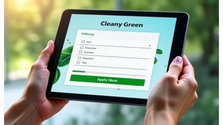 A sleek, minimalist green loan application form on a tablet, with subtle leaf motifs and a progress bar, emphasizing ease and environmental benefit.