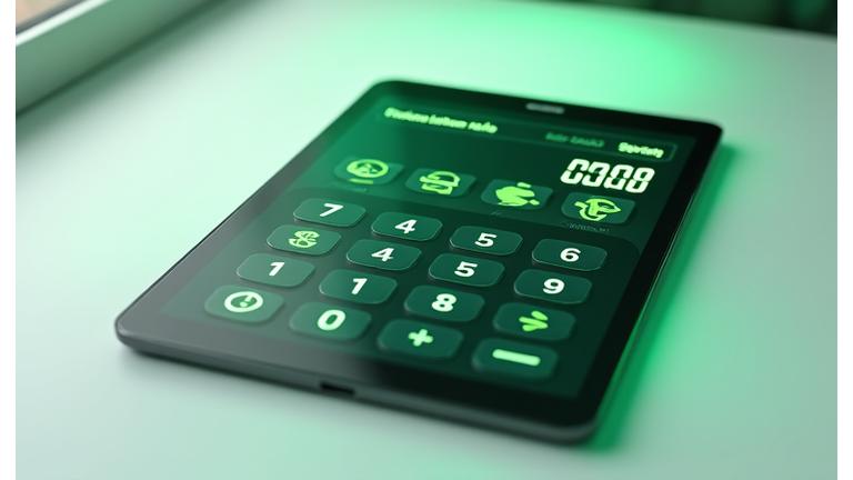 A calculator interface displaying reduced interest rates for eco-friendly purchases with green leaf icons.