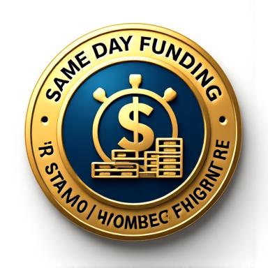 Golden badge signifying a 'Same-Day Funding Guarantee' for Momentum Ascent loans, with clock and dollar symbols.